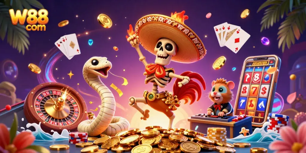 Engage in thrilling gameplay at W88 com with a festive gambling scene featuring vibrant characters and exciting gaming elements.