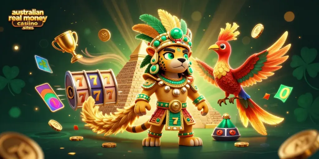 Experience the excitement of australian real money casino sites with this vibrant 3D illustration showcasing a Mayan priest surrounded by dynamic gaming elements.