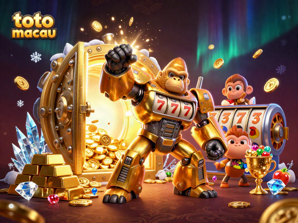 Gambaran 3D toto macau dengan gorila emas mengemudikan mesin slot dan harta karun yang melimpah.