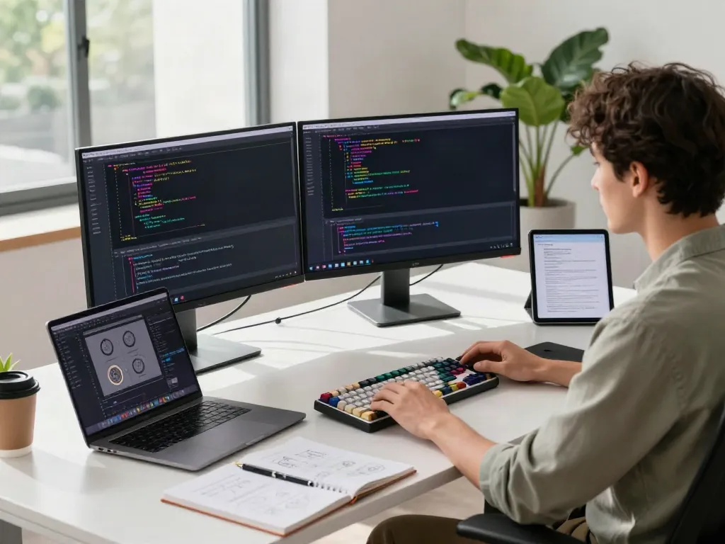 Brave software developer focused on coding in a modern workspace with dual monitors.