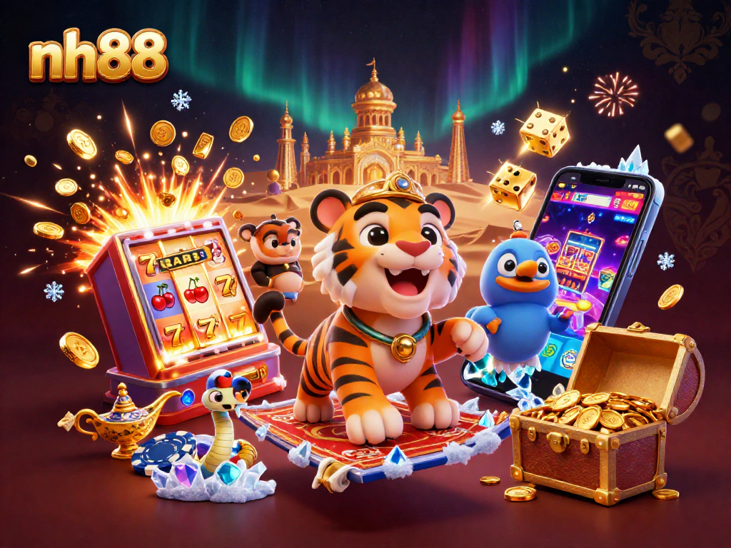 Experience the excitement of nh88 with a vibrant 3D casino scene featuring a tiger sultan and jackpot animations.