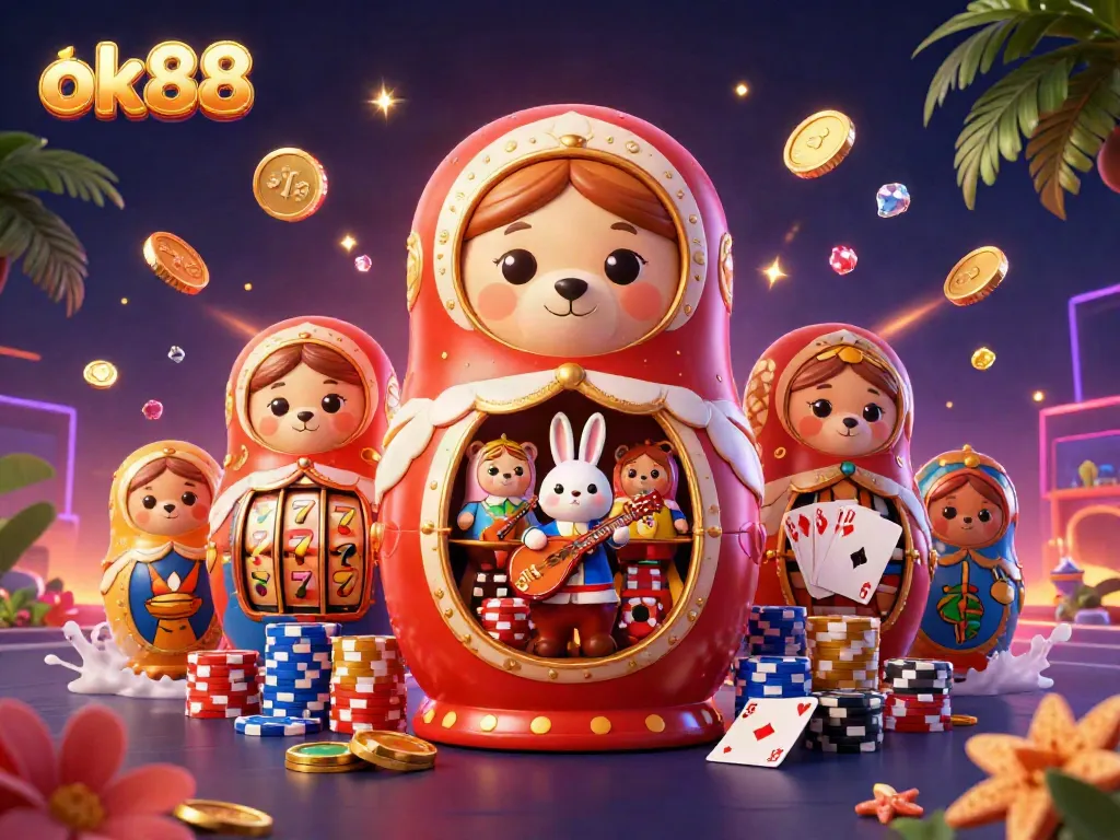 Engage with ok88 through an artistic scene of Matryoshka bears and casino elements.