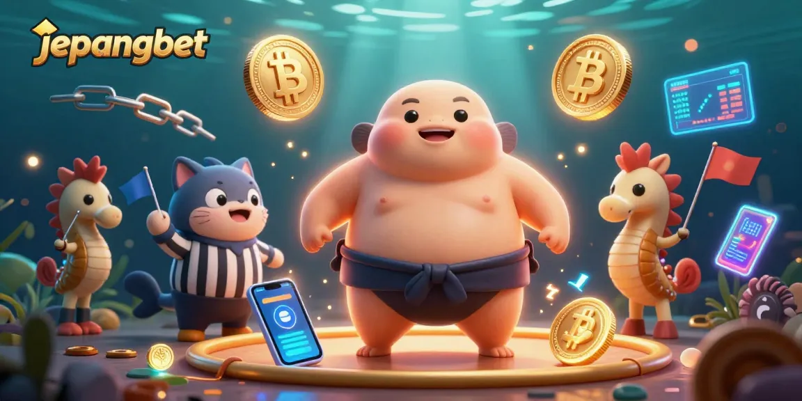 Engage with the vibrant underwater scene of japanbet featuring a blowfish sumo wrestler amidst cryptocurrency elements.