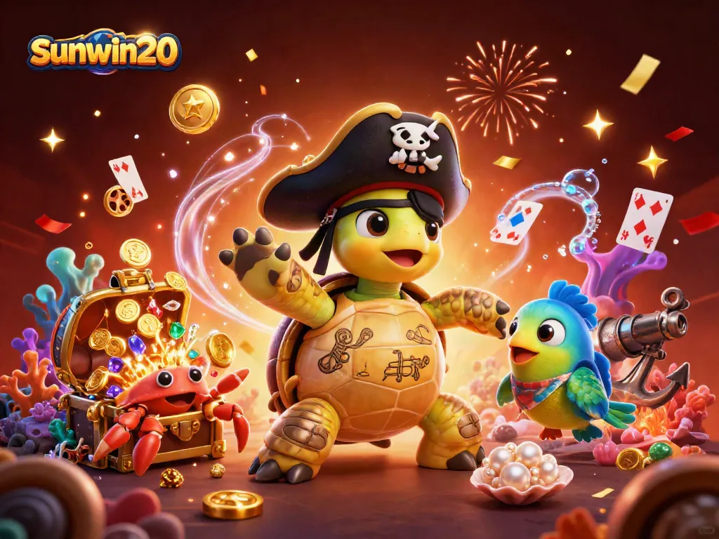Engage with sunwin20's thrilling casino atmosphere with pirates and treasure amidst vibrant underwater elements.