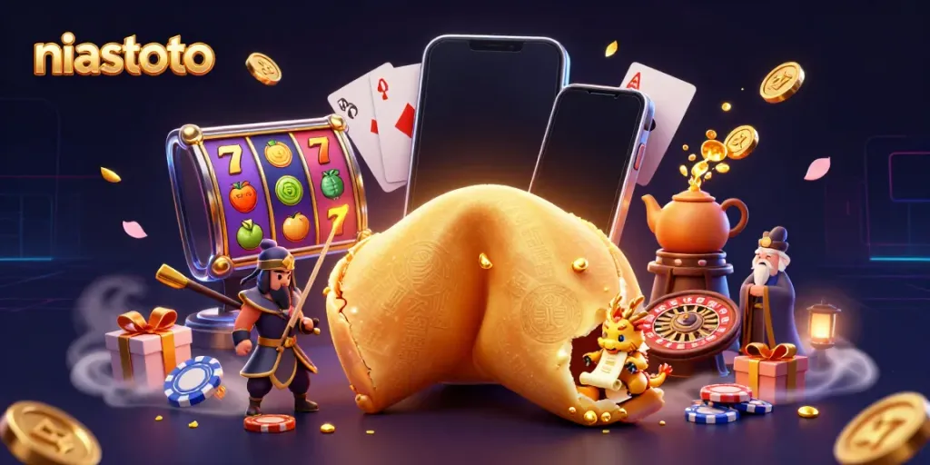 Experience thrilling gameplay at niastoto with a vibrant 3D illustration featuring dragon guardians and slot games.