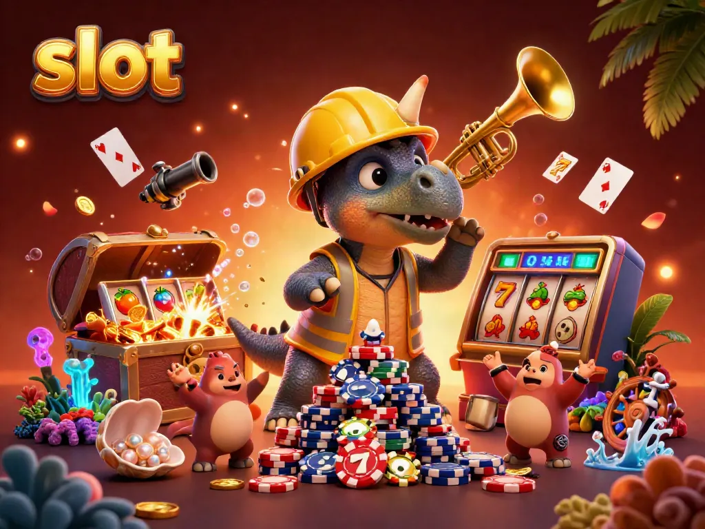 Slot menggambarkan triceratops yang membangun tumpukan chip dengan slot reel di sekitar.