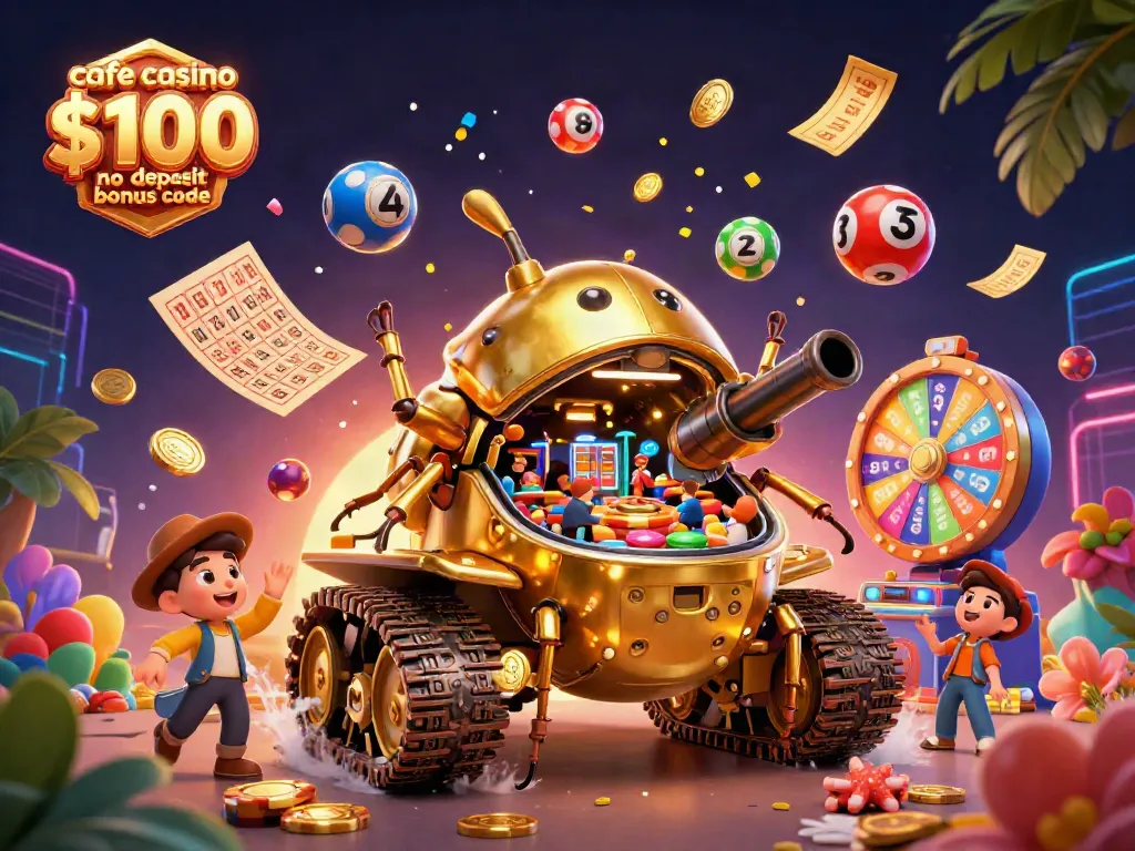 Capture the excitement with cafe casino $100 no deposit bonus code in a vibrant, dynamic casino-themed illustration.