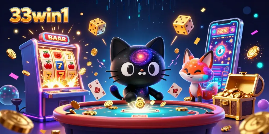 Engage with 33win1's dynamic cosmic casino scene featuring a black hole cat and a nebula fox amid jackpots and games.