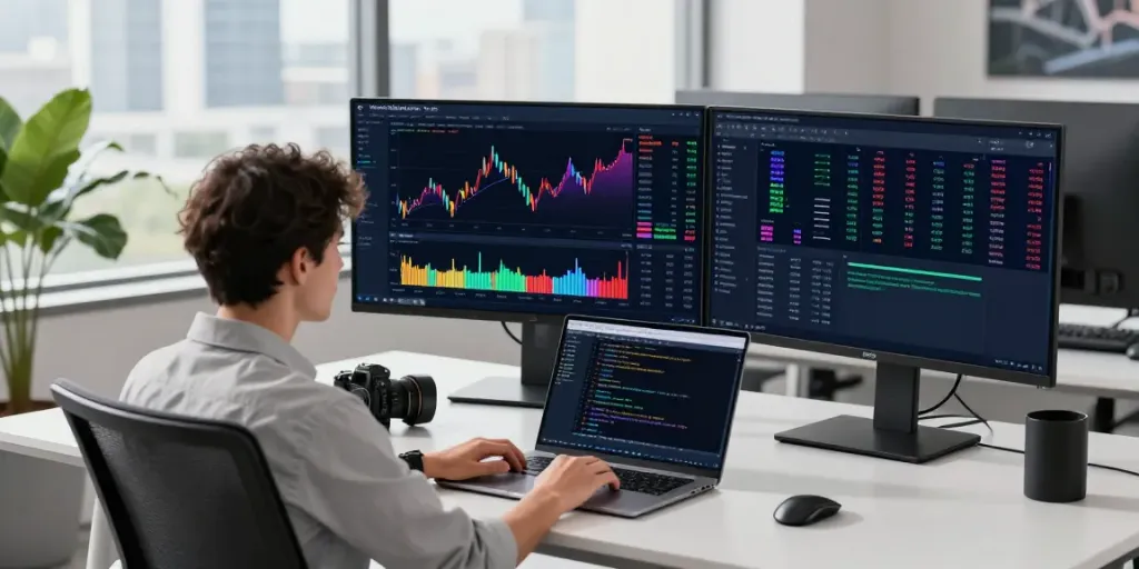 Focused trader using MetaTrader 5 on dual monitors in a modern financial workspace.