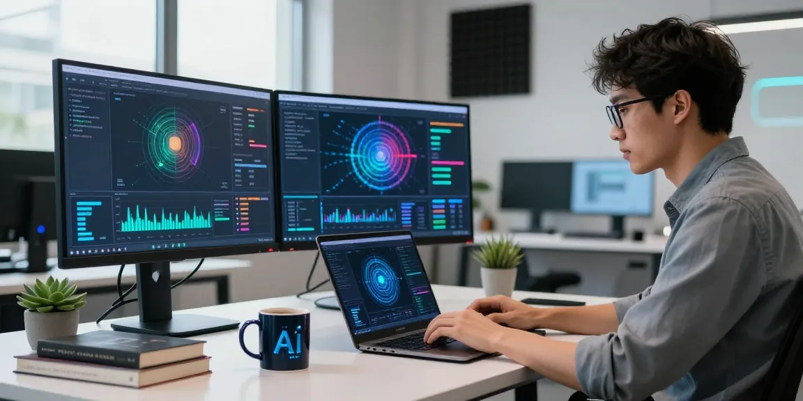 AI Detection technology workspace showcasing data scientist analyzing trends and analytics.