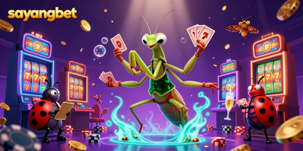 Watch the lively scene at sayangbet with a colorful slot machine and vibrant characters