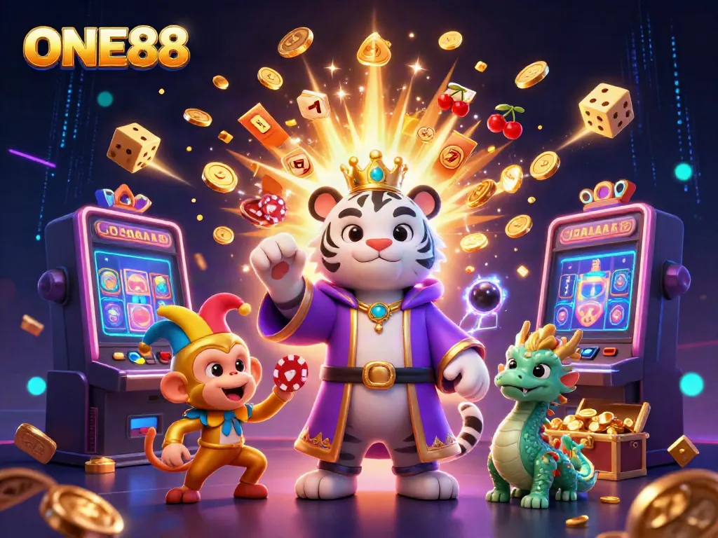 ONE88 showcases an energetic casino scene with a themed white tiger, golden monkey, and jade dragon, enhancing player excitement.