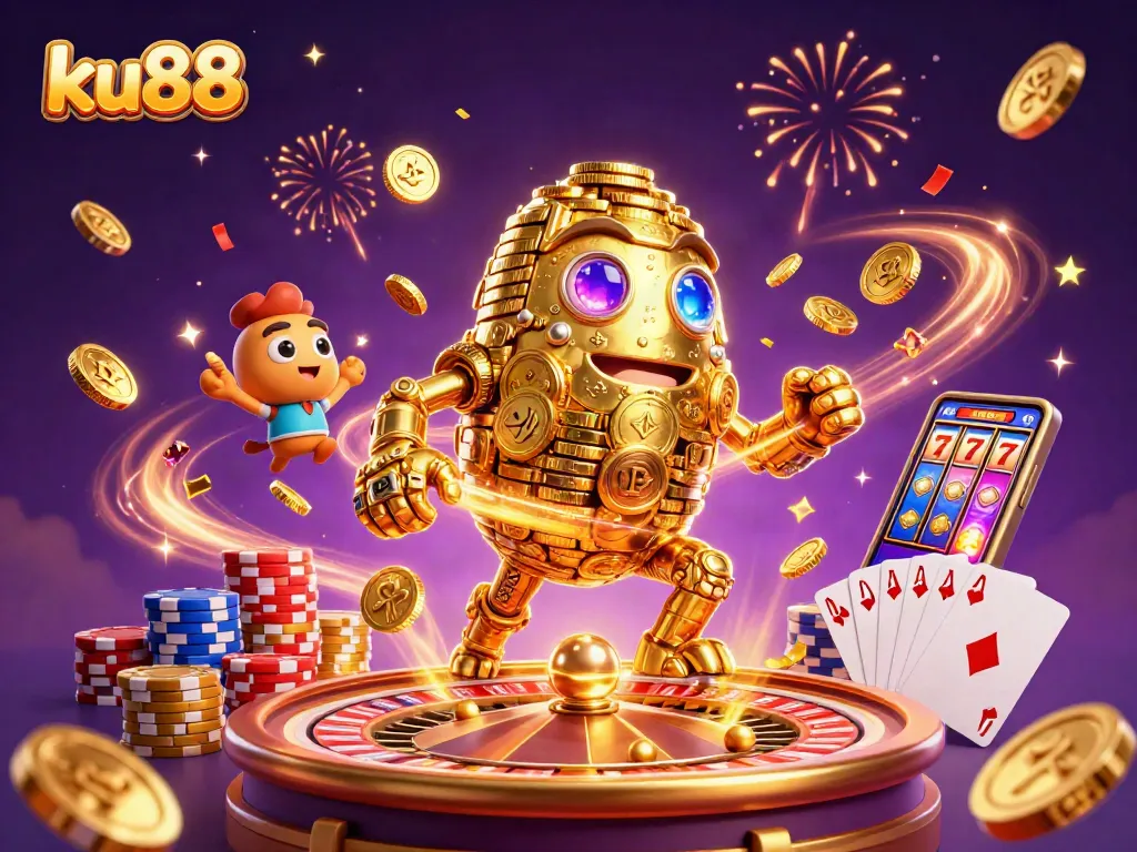 Experience exciting gaming at ku88 with animated coins, vibrant cards, and a lively casino atmosphere.