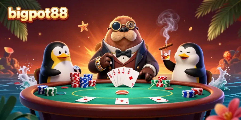 Bermain dengan bigpot88 di meja poker, pufferfish pemain, dan dealer penguin di bawah laut.