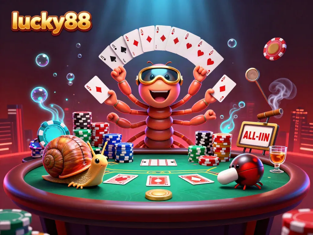 Engaging gameplay scene featuring lucky88's vibrant casino atmosphere with animated characters and poker elements.