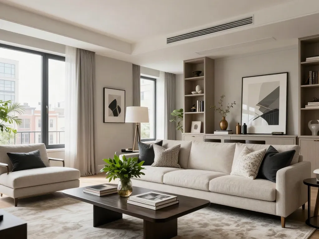 Stunning interior design showcasing refined luxury by a Brooklyn interior designer, featuring elegant furniture and natural light.