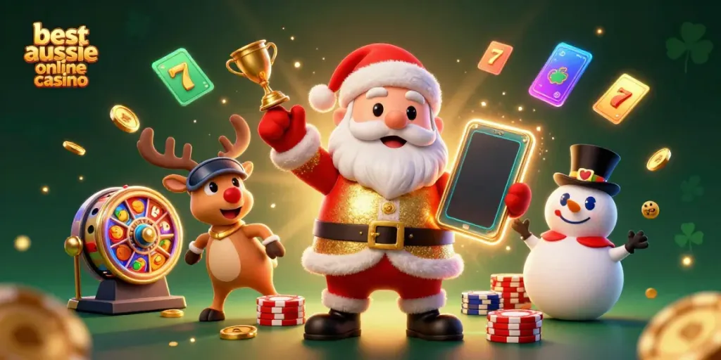 Experience the thrill of the best aussie online casino with Santa and friends celebrating jackpots.