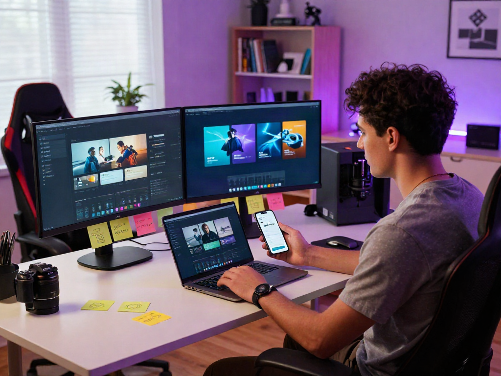 Interactive workspace featuring the pikashow app on screens, showcasing streaming technology.