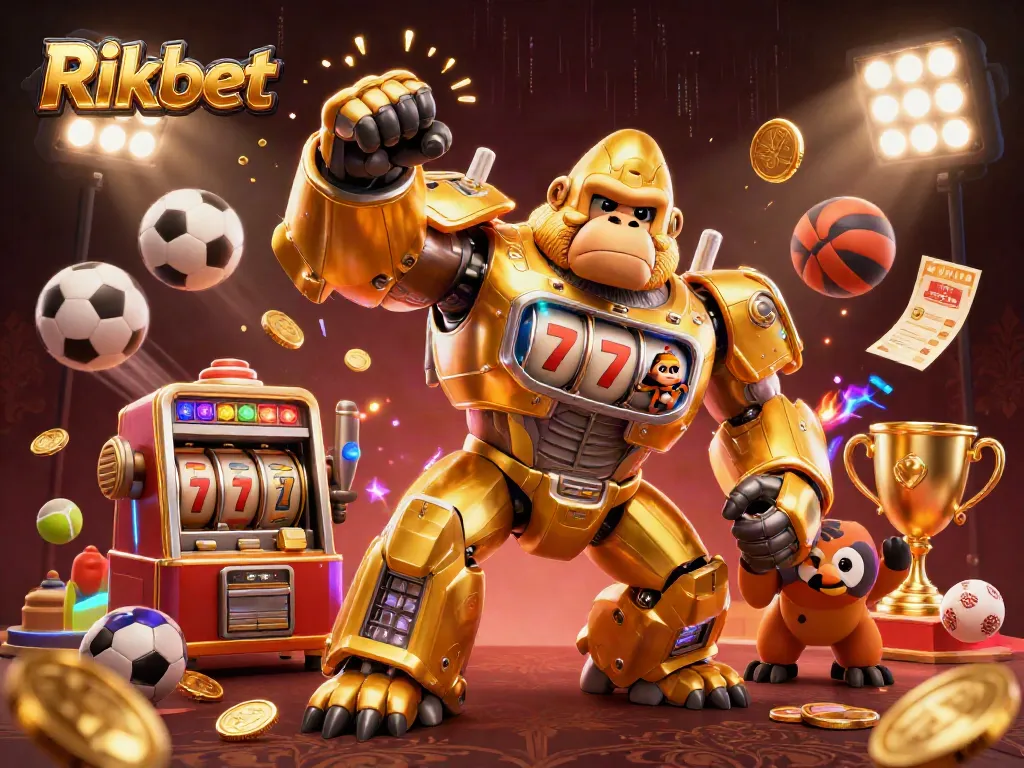 Experience thrilling action with Rikbet as the golden gorilla mech slams down amidst flying sports balls and glowing trophies.