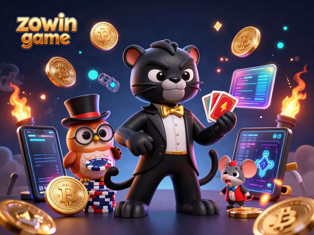 Experience the thrill of the zowin game with a cartoon panther dealing cards at a lively casino scene.