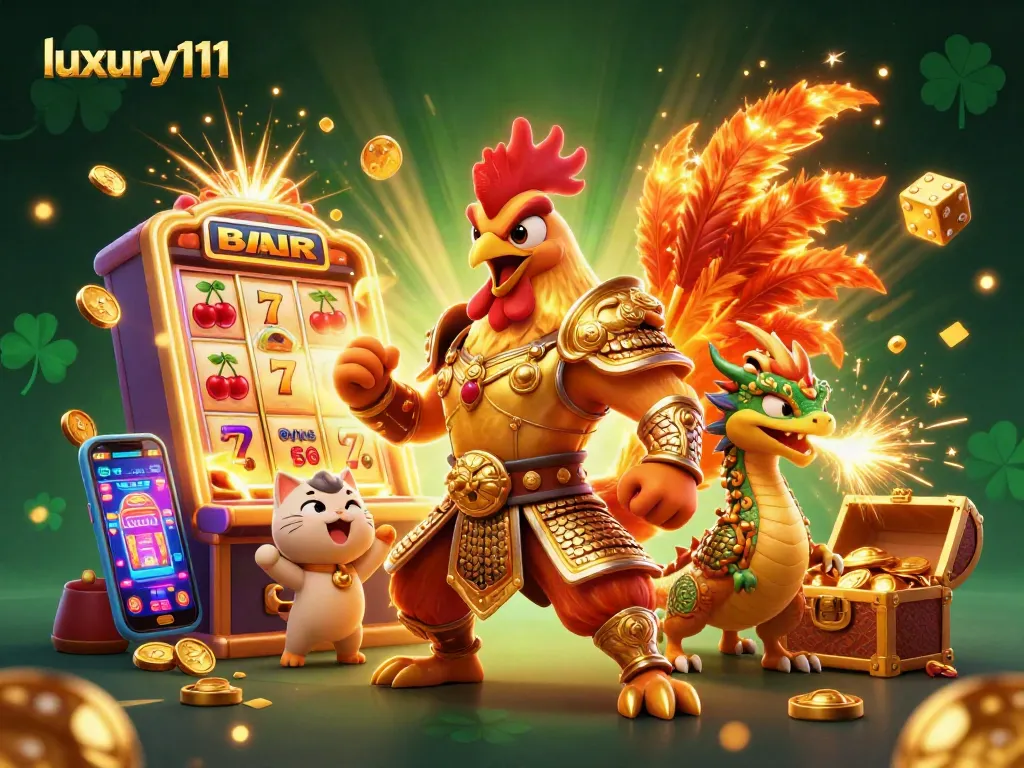 Experience the thrill of luxury111 with a fierce fighting rooster and dragon in a vibrant casino setting.