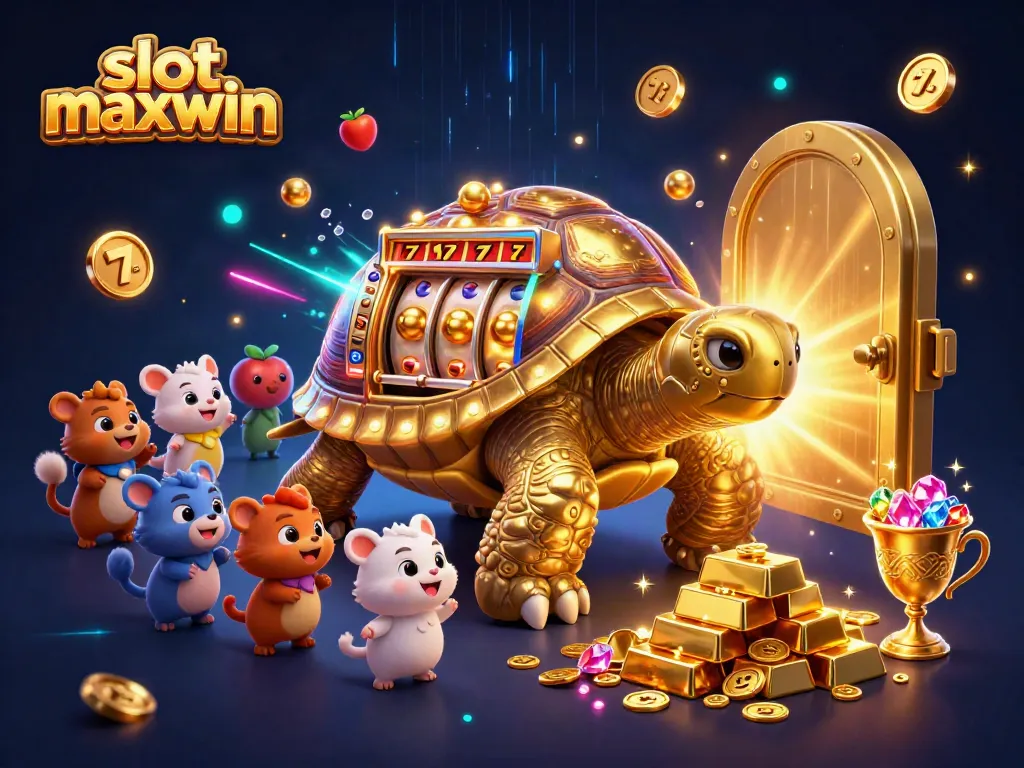 Spin the vibrant slot maxwin reels with a massive golden tortoise in an exciting casino scene.