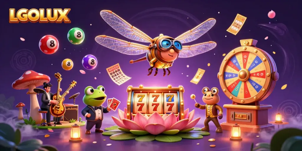 Engage with the vibrant LGOLUX casino scene featuring dynamic characters and lively lottery elements.