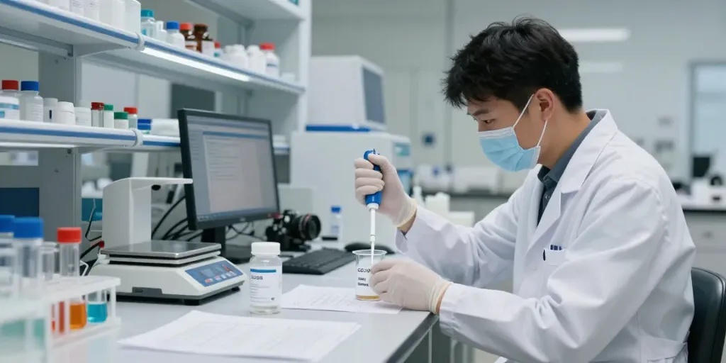 Scientist analyzing CJC no DAC IPA research compound for sale in a modern lab setting.
