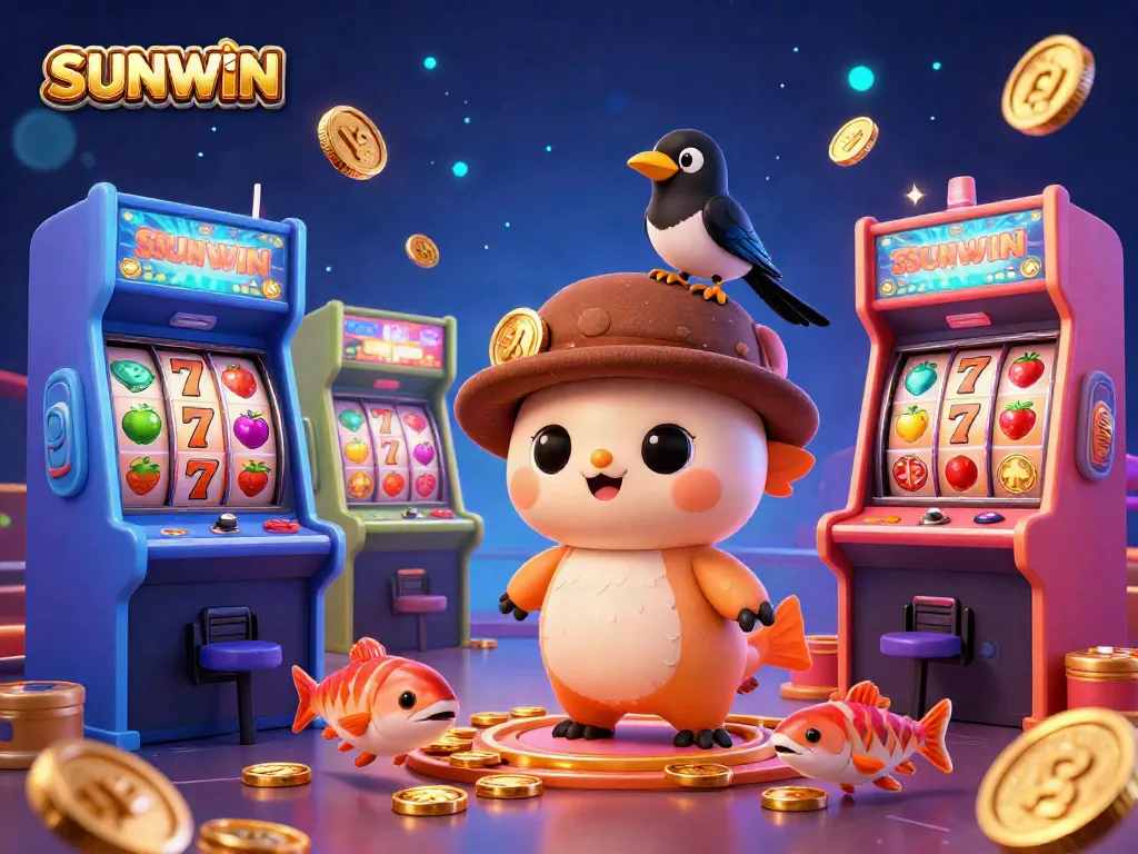 Experience the excitement of SUNWIN with vibrant slot machines, golden coins, and a fun cartoon Nessie.