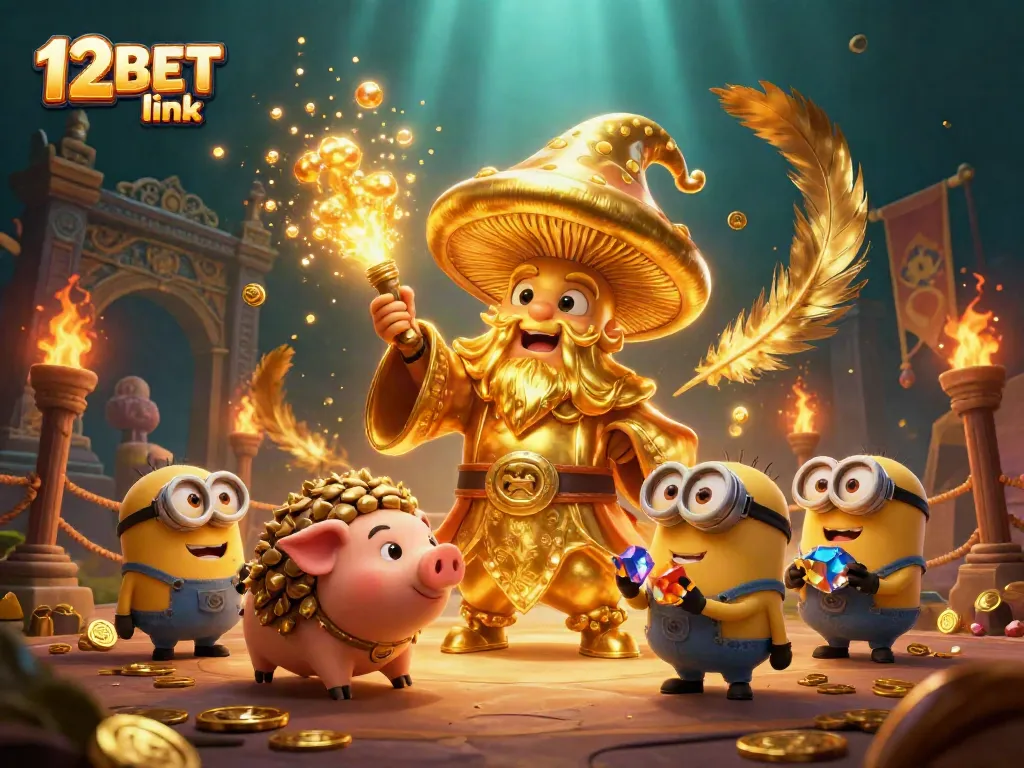 Engage with the 12BET link, showcasing a golden wizard, treasure pig, and lively gaming elements.