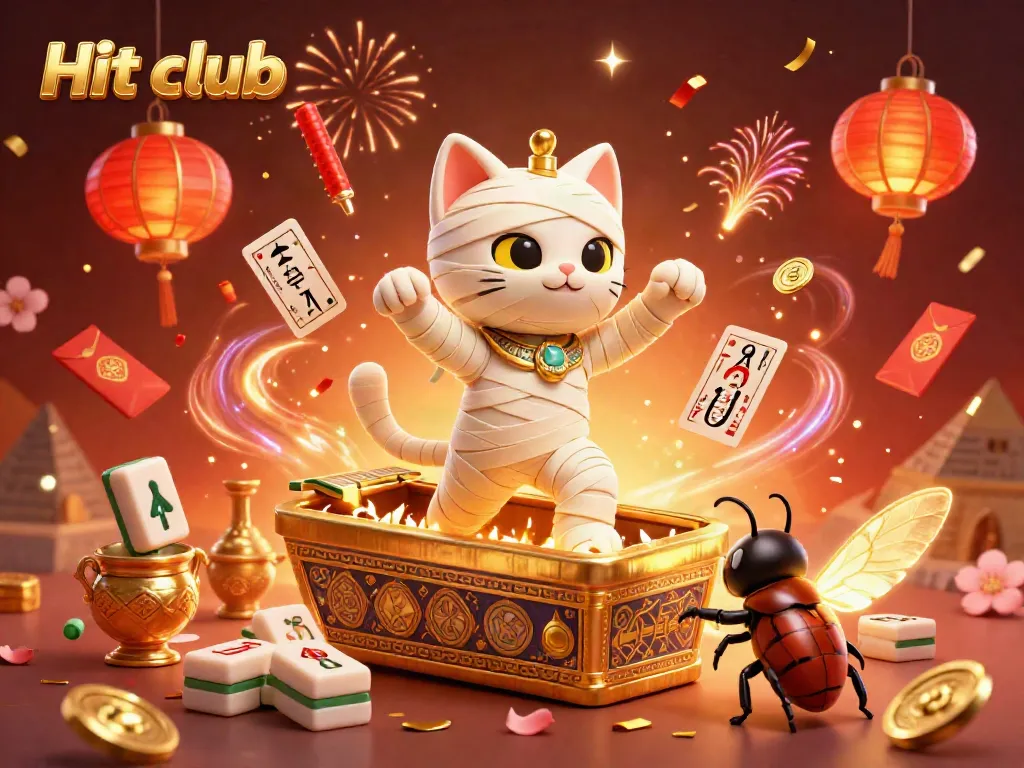 A vibrant pyramid casino scene featuring the Hit club mummy cat alongside gold-themed elements and festive decorations.