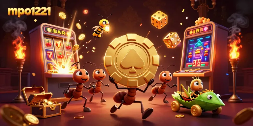 Engaging scene of mpo1221 heist with 3D cartoon ants and casino elements creating excitement