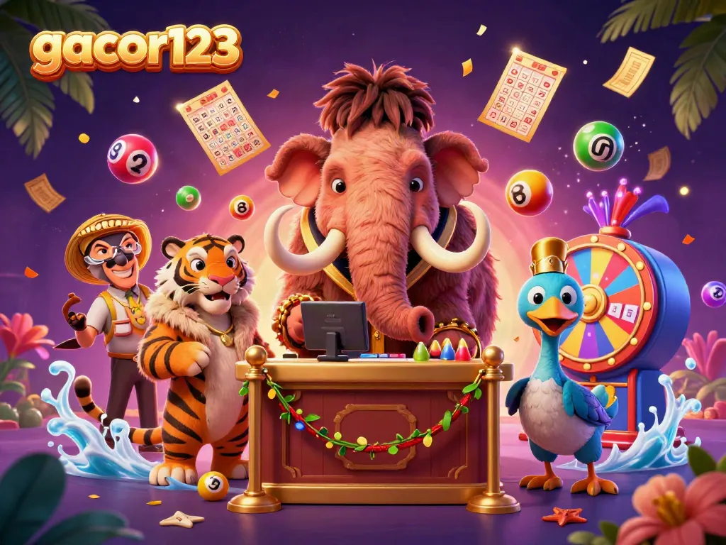 Experience gacor123 with a woolly mammoth bouncer checking VIPs at a vibrant casino.