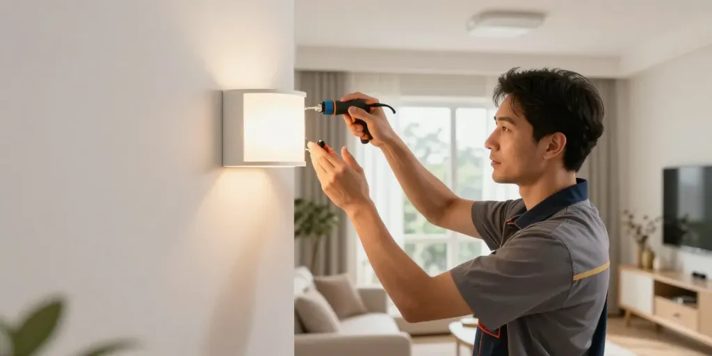 Instalarea aplice LED de către un contractor profesionist în livingul unei case elegante.