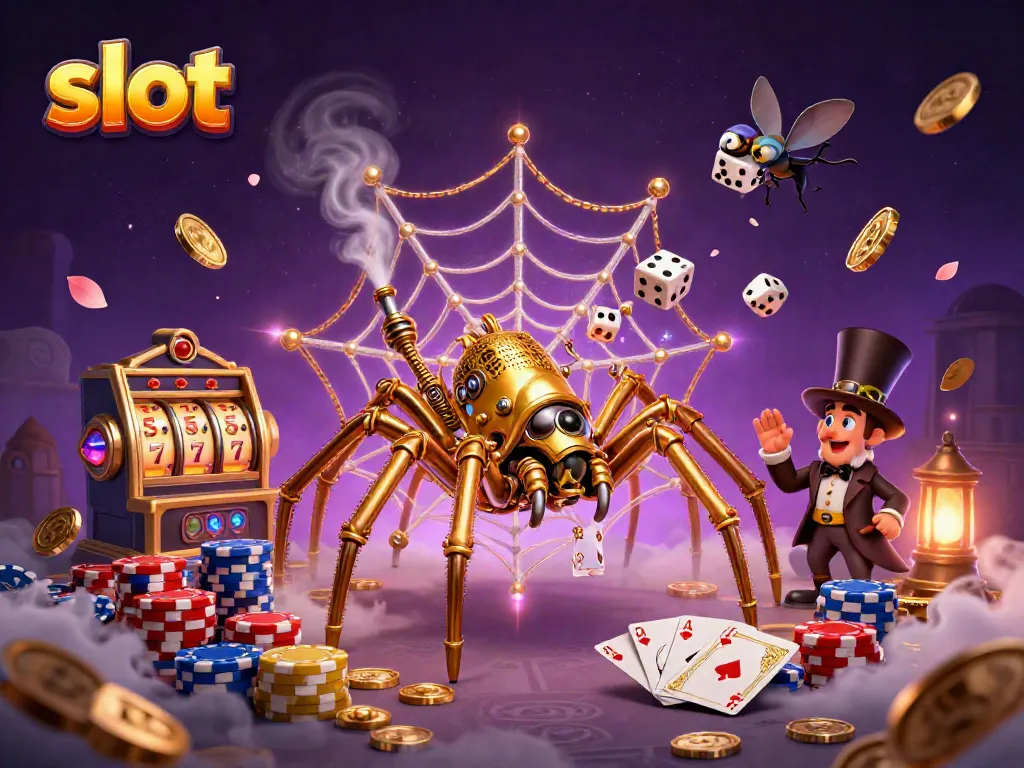 Engage with dynamic slot gaming through a vibrant steampunk scene depicting a golden spider and playful characters.