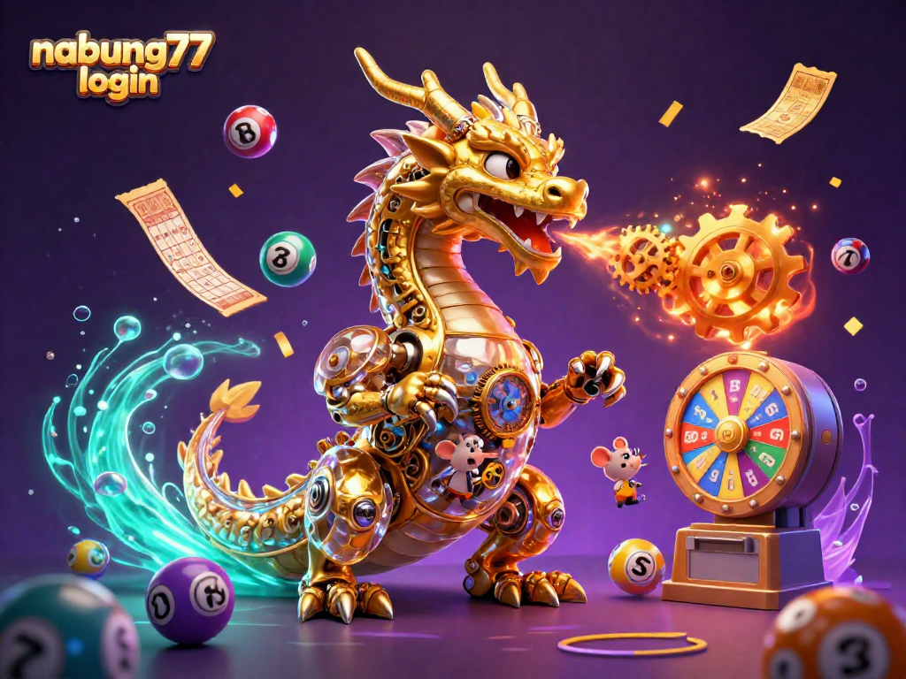Engage in exciting games with nabung77 login as golden dragon and colorful lottery balls create a dynamic scene.