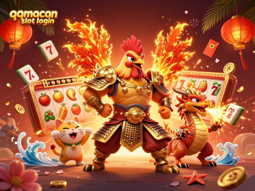 Engage with qqmacan slot login as cartoon characters battle around vibrant slots and festive elements.