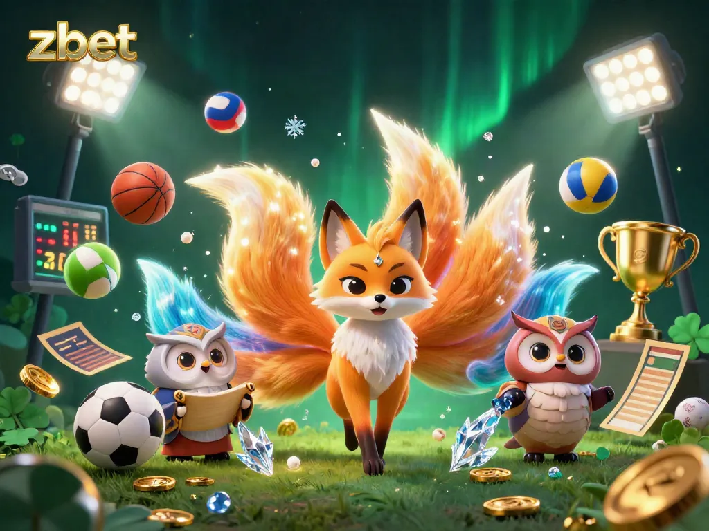 Experience zbet's vibrant gambling scene with a glowing fox spirit, wise owl, and dynamic sports elements.
