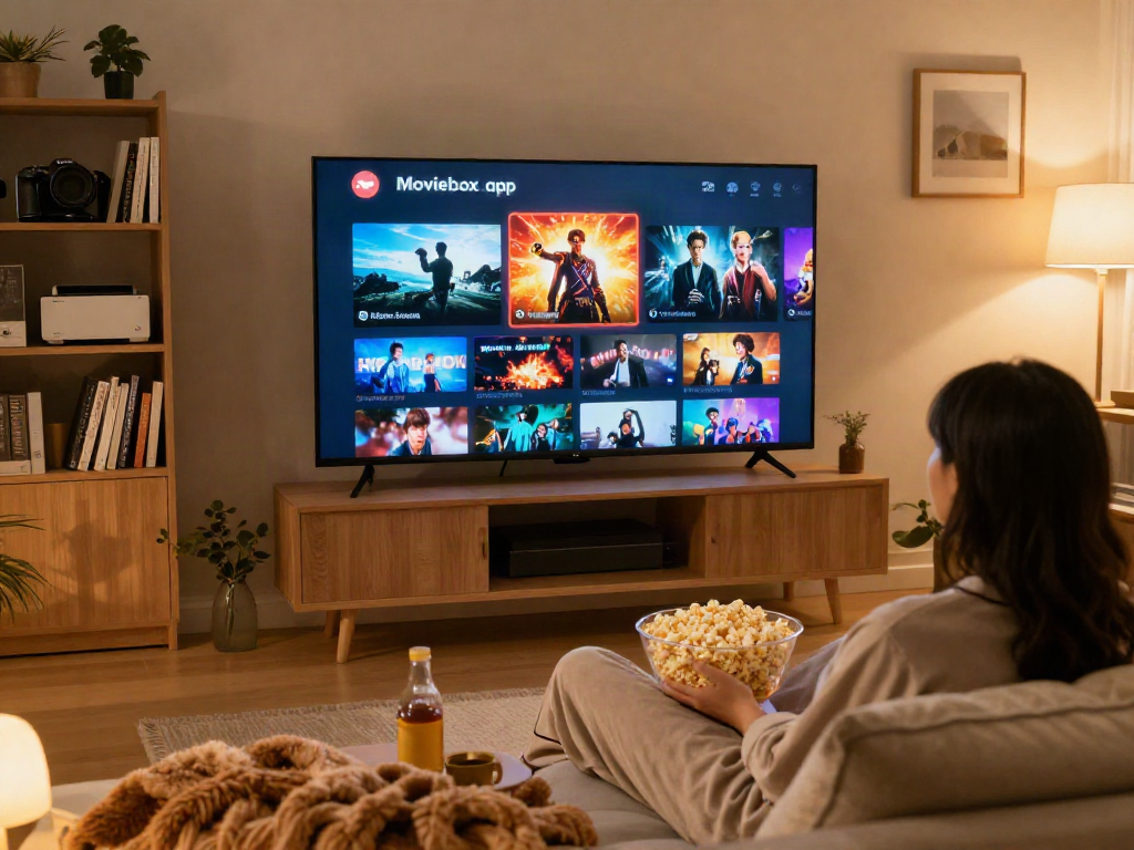 Enjoying movie night with Moviebox apk displayed on TV, cozy setting.