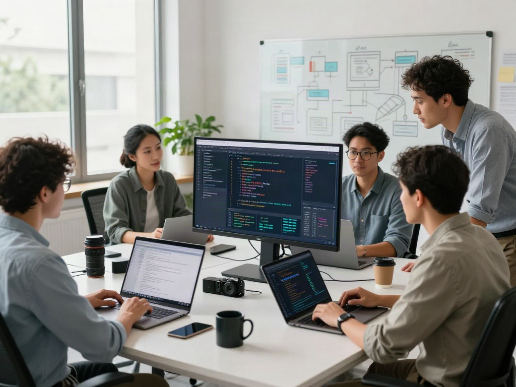 Team working on document fraud detection software in a modern office environment, showcasing collaboration and technology.