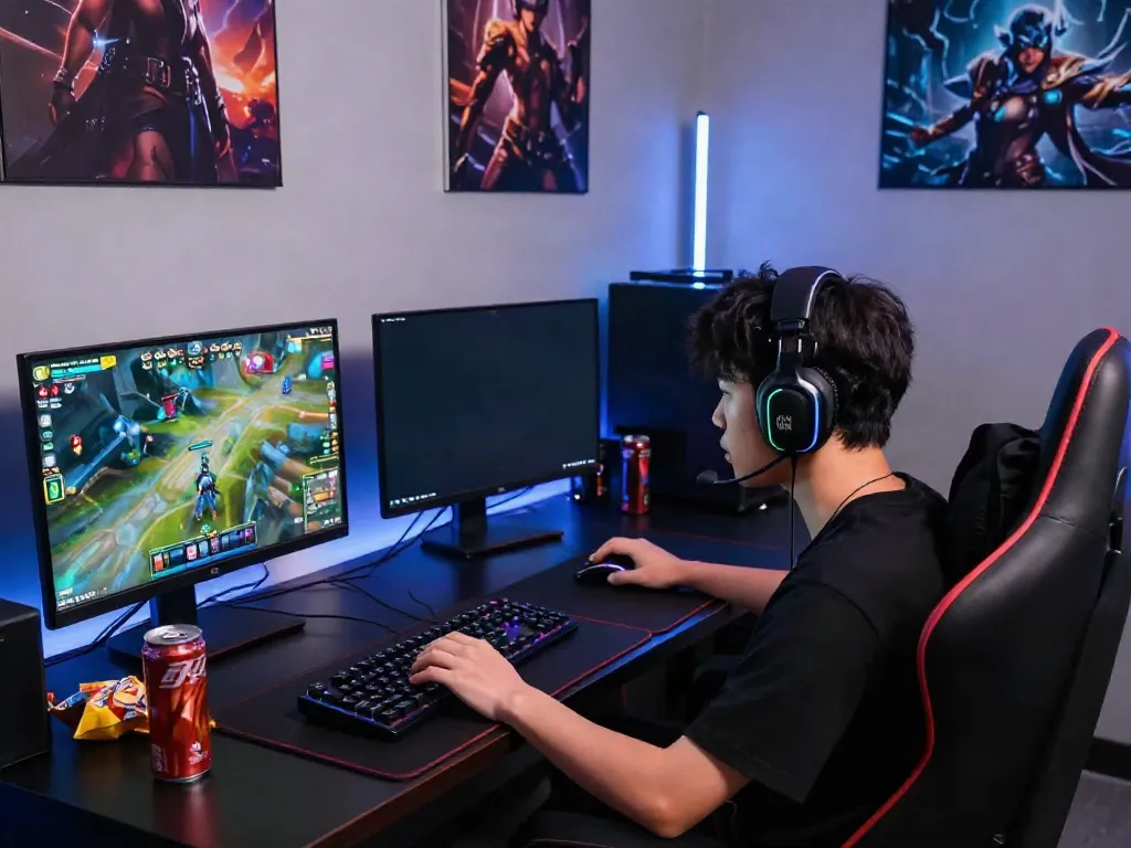 Player enjoying QQMacan in a vibrant gaming setup with multiple monitors and RGB lighting.