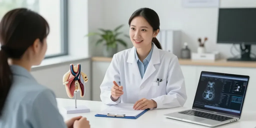 Thyroid treatment in Abu Dhabi consultation with a doctor explaining options to a patient in a bright clinic.