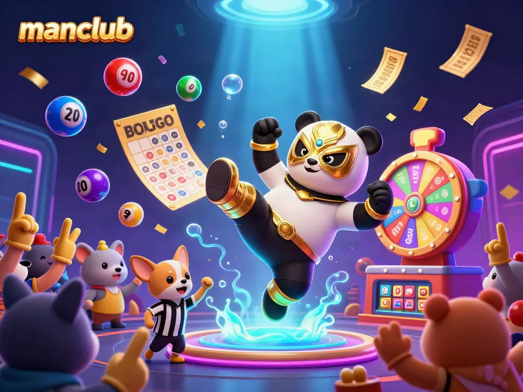 Experience thrilling gambling excitement with manclub's lively scene featuring a panda and chihuahua amidst vibrant game elements