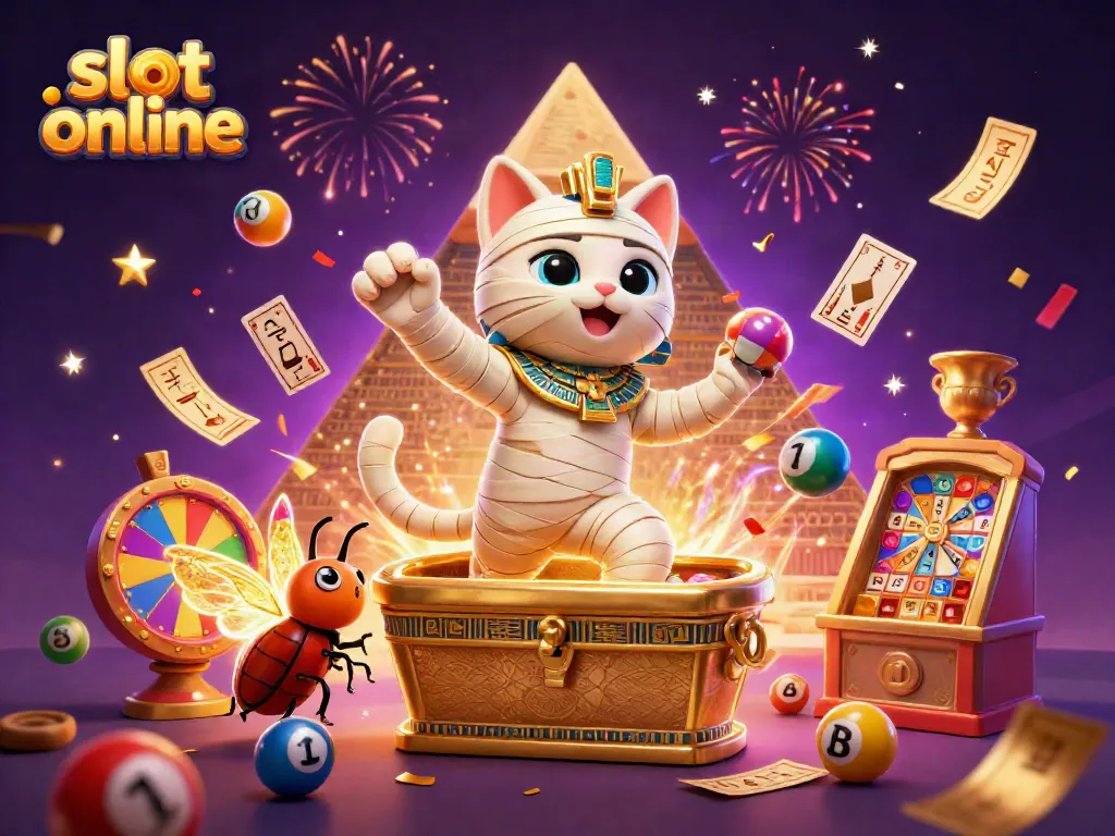 Experience thrilling gameplay with the Egyptian mummy cat and glowing scarab in a vibrant slot online scene.