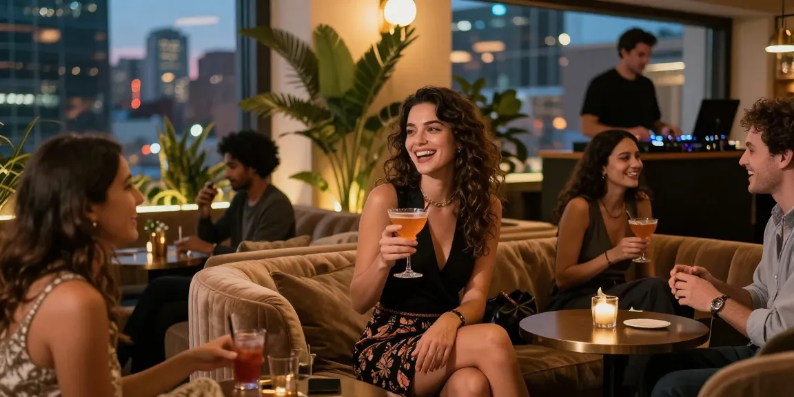 Không khí vui vẻ tại quán bar với gái gọi, bạn bè thưởng thức đồ uống và trò chuyện.