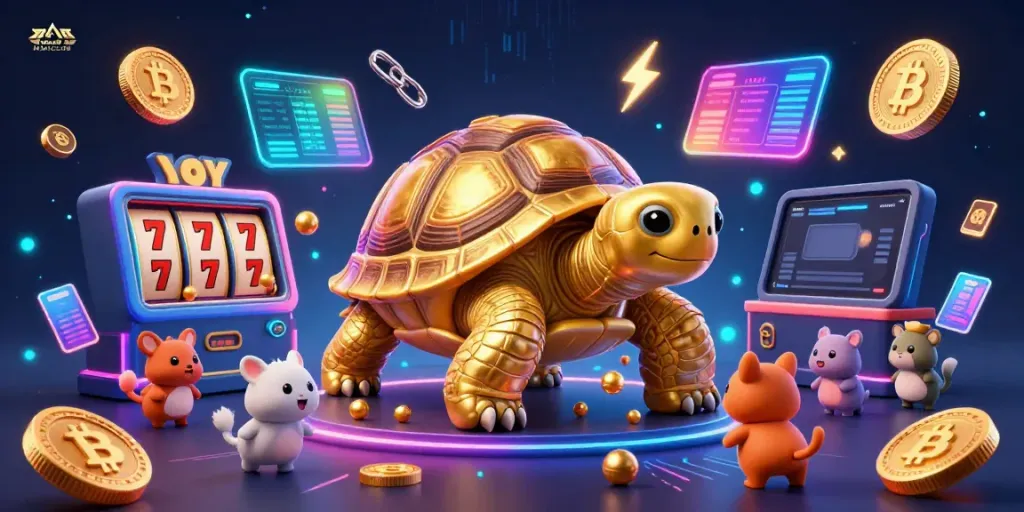 Experience the excitement of MANCLUB with a vibrant pinball tortoise among glowing slots and crypto elements.