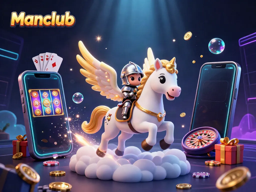 Experience the thrill of Manclub with a vibrant scene of a celestial horse, knight, and dynamic casino elements.