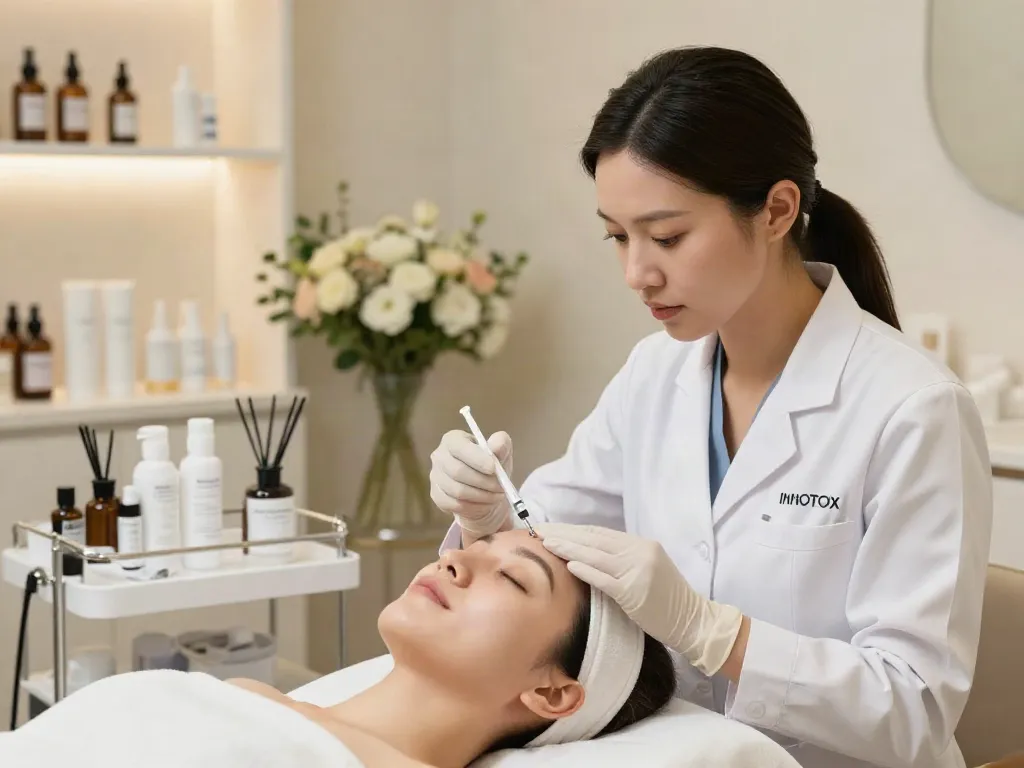 Beauty professional demonstrates how to buy Innotox in a luxurious clinic with serene client.