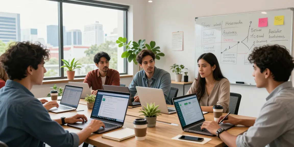 Collaborative team discussing Reseller Hosting en México strategies in a modern workspace.
