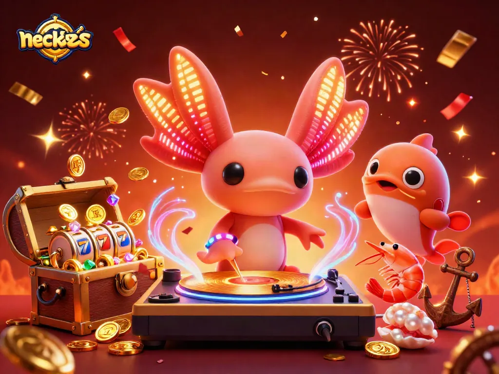 Engage with vibrant necklaces-themed casino fun as an axolotl DJ spins while treasure flows around.